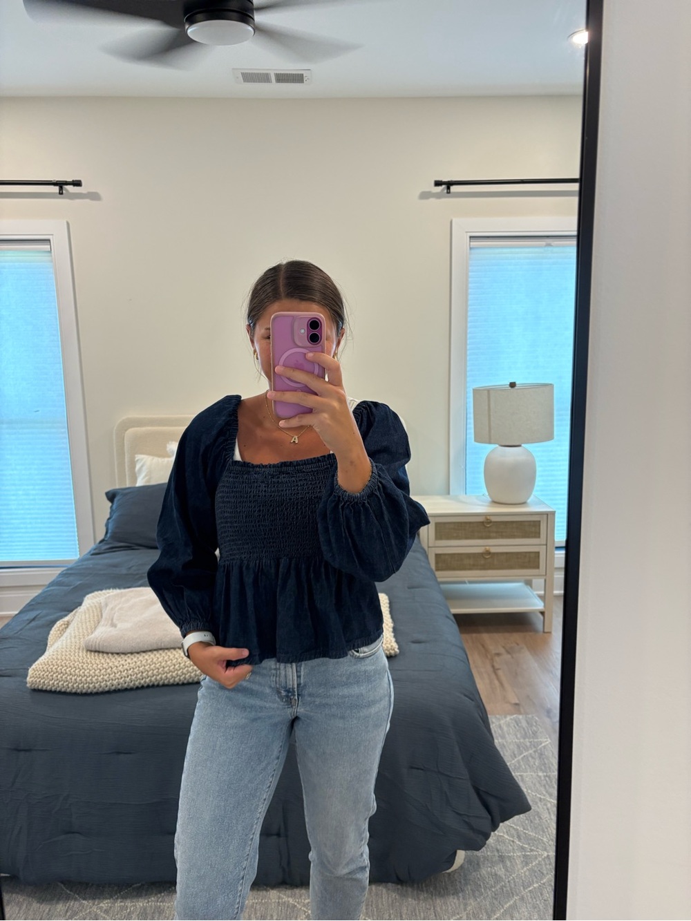 J.Crew Puff Sleeve Chambray Smocked Top Size Small